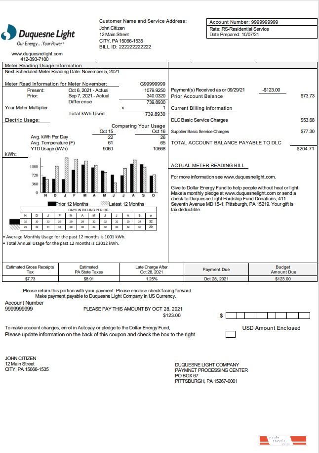 USA Pennsylvania Duquesne Light Company utility bill template in Word and PDF format